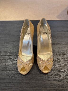 Stuart Weitzman Gold Crystal Peep-Toe Heels